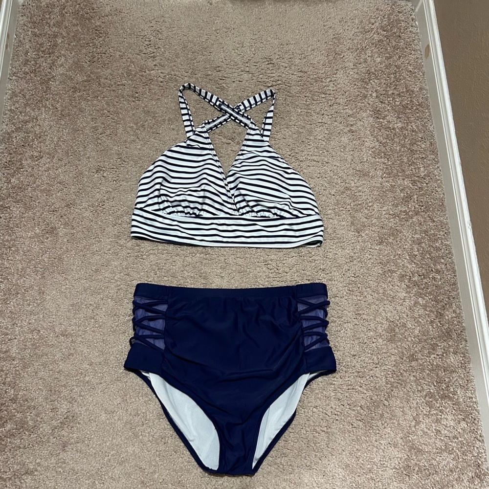 Navy and White Striped Women’s High-Waisted Swimsuit